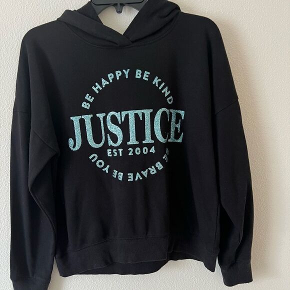 Justice Girls Blue Glitter Be Happy Be Kind Black Semi Crop Sweatshirt XL(14_16) - Picture 1 of 5